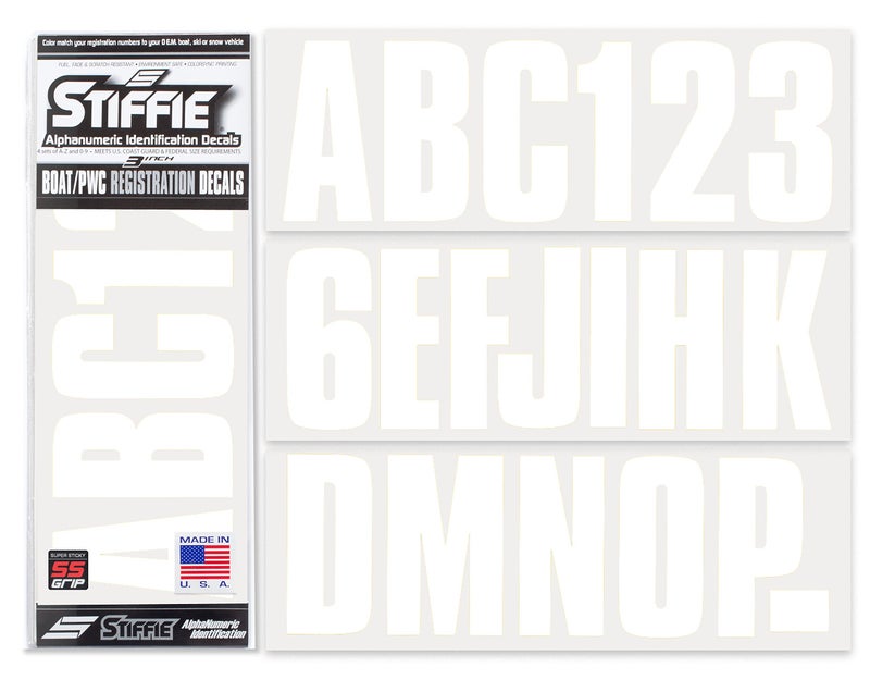 STIFFIE Uniline White 3" Super Sticky Boat & PWC Registration Decals â€¢ Numbers Letters Stickers - Image 1